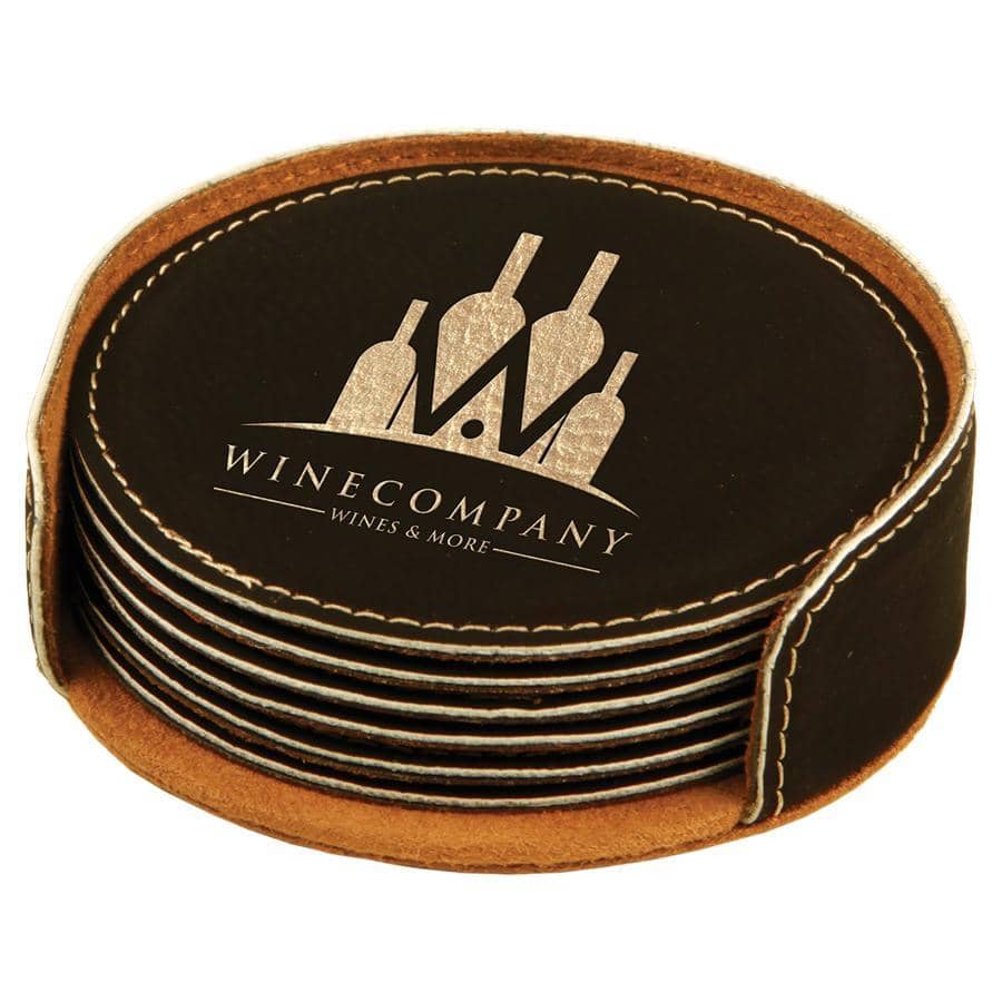 Engraved Leatherette Drink Coaster Set w/Holder, 4" Round - Barware Hub - Barware Swag and Etched Gifts