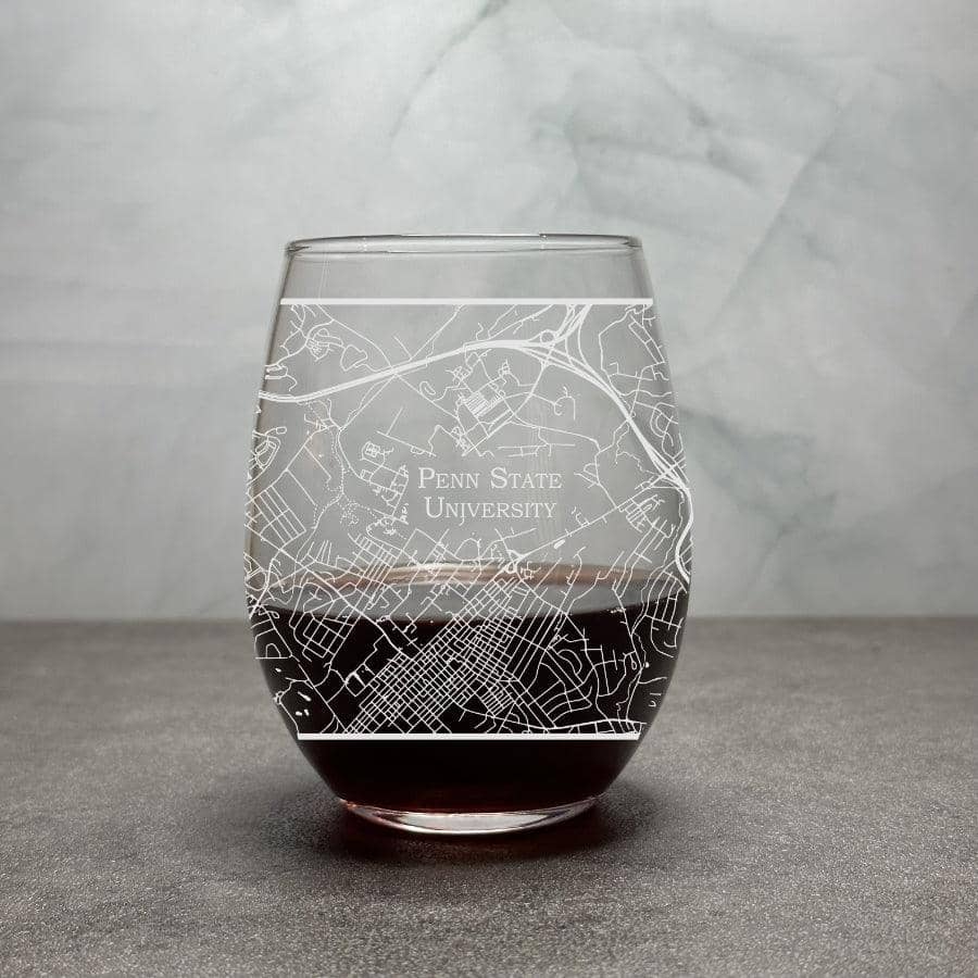 Engraved College Town Map Stemless Wine Glass-15 oz- Item C8303-CTM - Barware Hub - Barware Swag and Etched Gifts