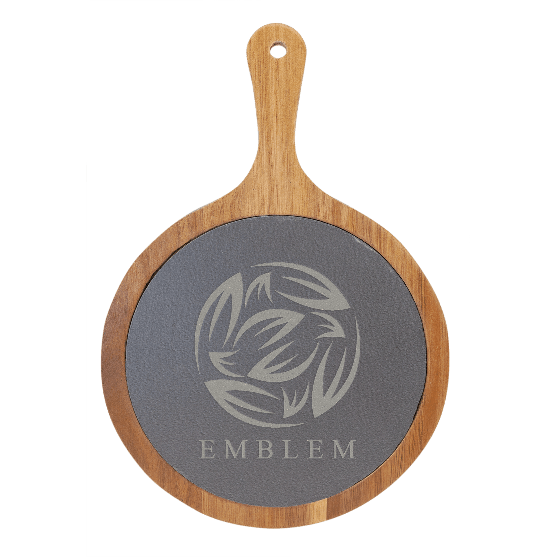 8 1/4" x 12 1/4" Round Acacia Wood/Slate Personalized Serving Board with Handle - Barware Hub - Barware Swag and Etched Gifts