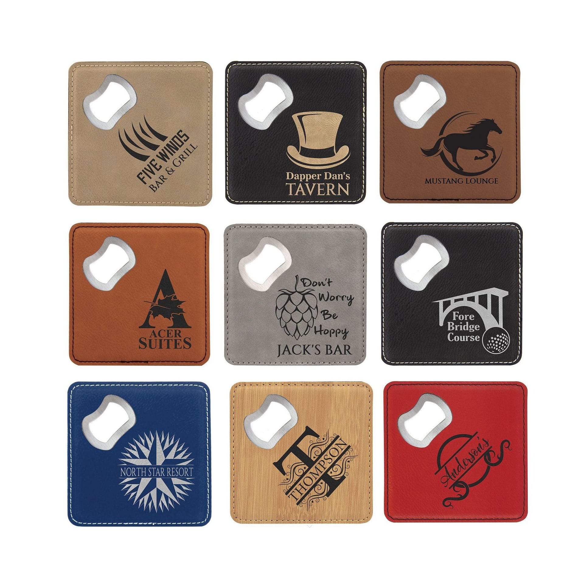 Engraved Square Drink Coaster w/Opener, 4" x 4" Laserable Leatherette - Barware Hub - Barware Swag and Etched Gifts