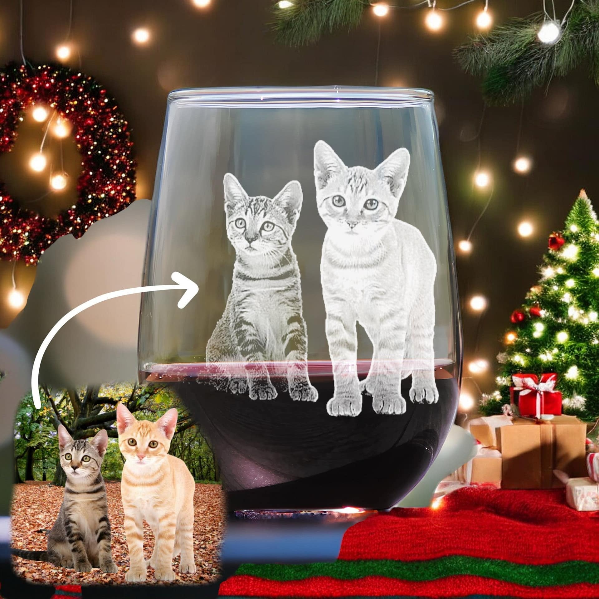 Create a festive atmosphere with the Custom Engraved Cat Wine Glass from My Store, featuring a playful illustration of two cats beside a glass of wine. Christmas decorations such as lights, wreaths, and a decorated tree add to the cheerful scene in the background. This personalized cat photo glassware makes for an exceptional feline memorial Christmas gift.