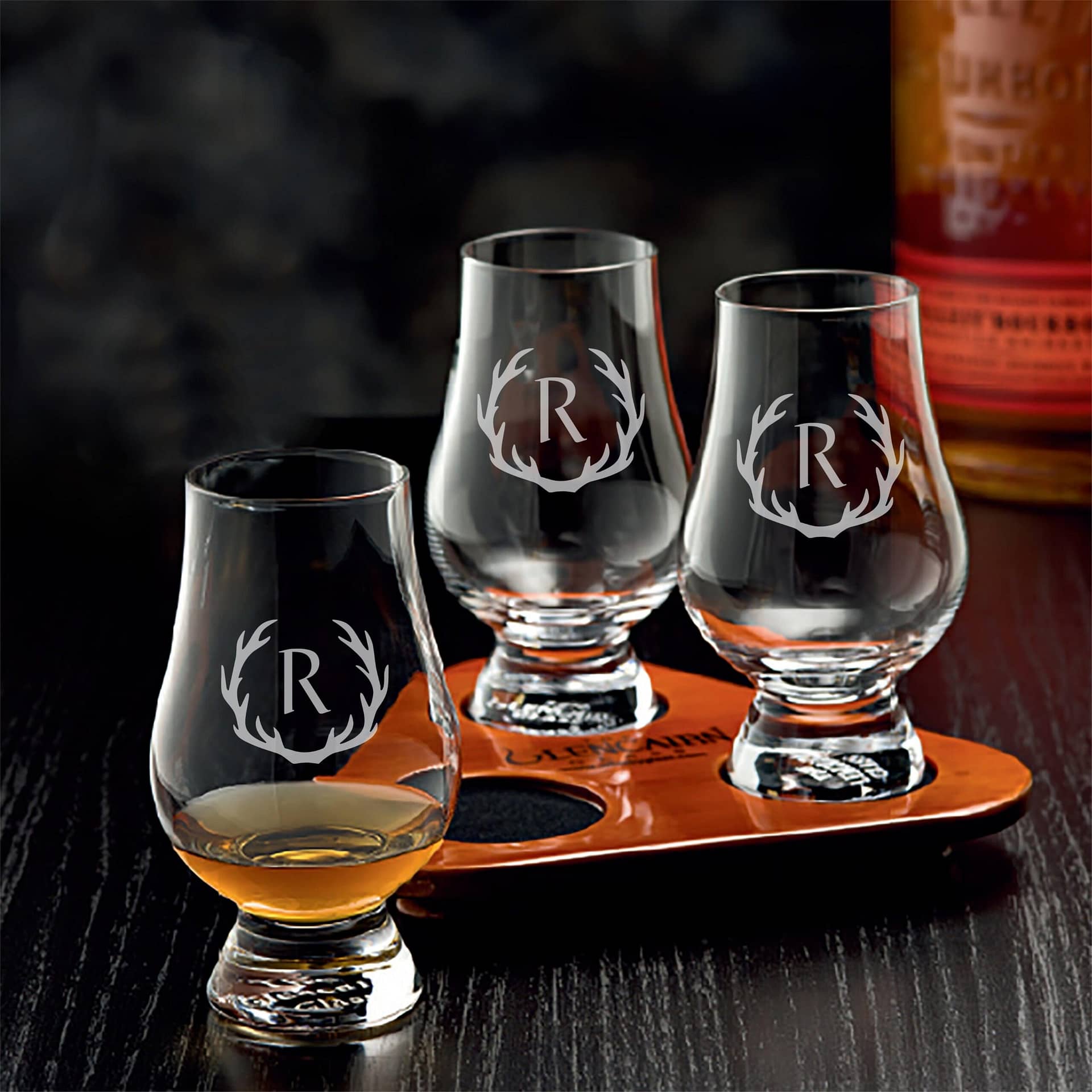 Engraved 6oz. Glencairn Glasses 3 Piece Set with Flight Tray - Item 3555331 - Barware Hub - Barware Swag and Etched Gifts