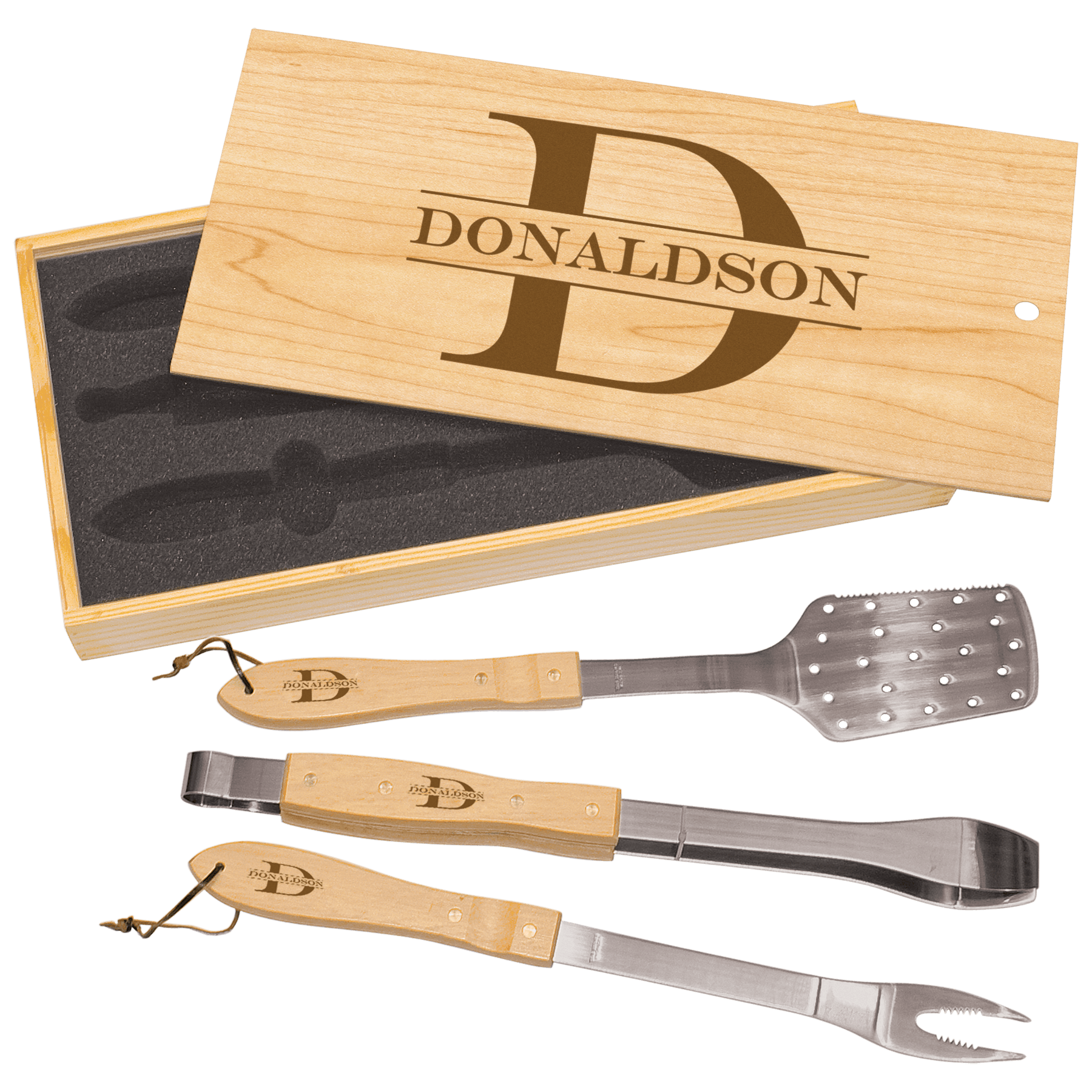 Personalized 3-Piece BBQ Set in Wooden Pine Box - Barware Hub - Barware Swag and Etched Gifts