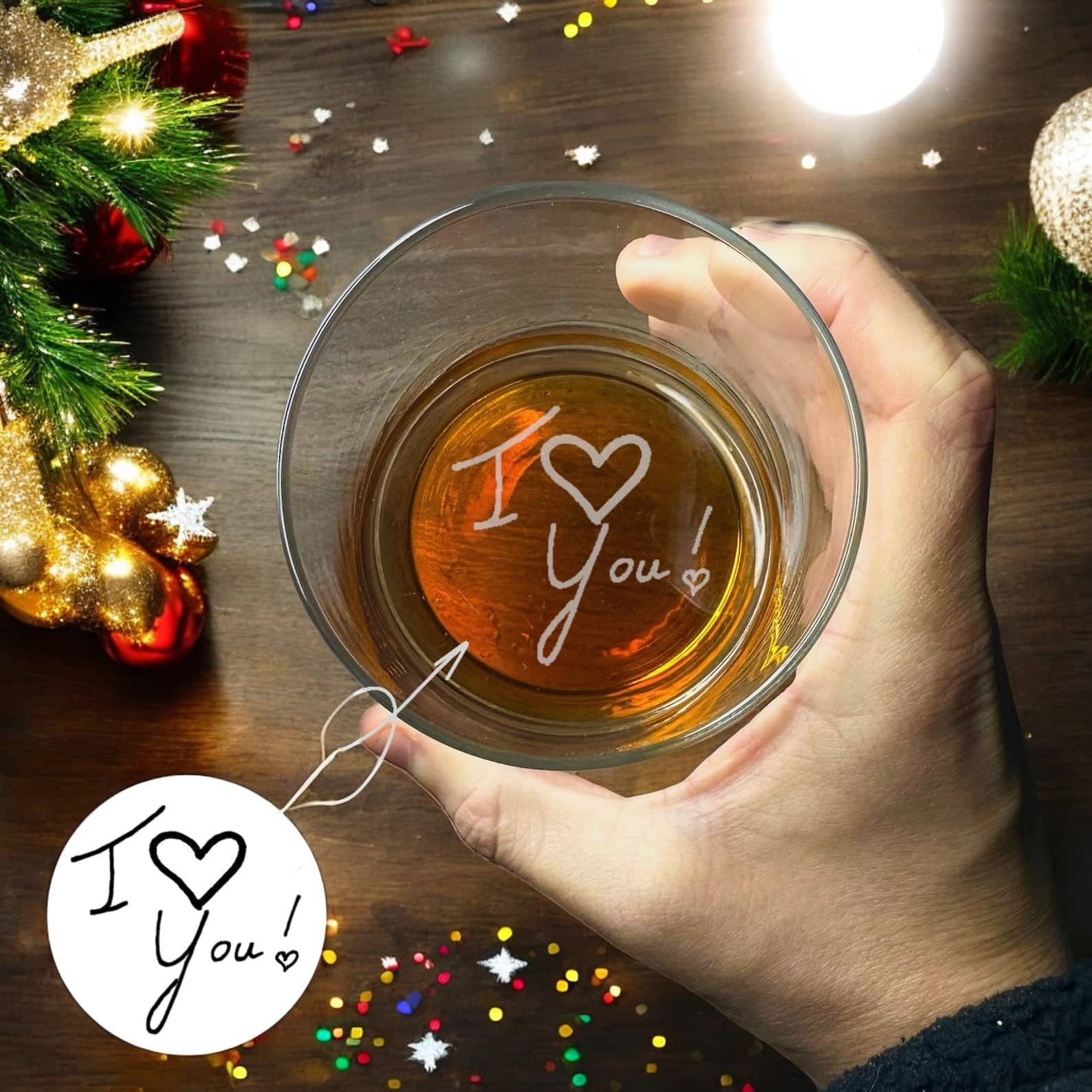 A hand holds a Custom Handwriting Christmas Gift for Him - an engraved rock glass by My Store, featuring the handwritten message "I ♥ You!" etched on it. This personalized gift is perfect for Christmas. The glass is filled with a brown liquid and rests amidst a festive display of a small Christmas tree, ornaments, and colorful confetti on the table.