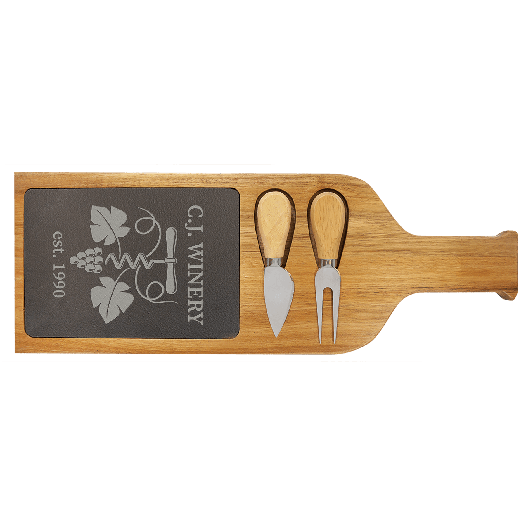 Engraved 17 1/2" x 6" Acacia Wood/Slate Personalized Serving Board with Two Tools - Barware Hub - Barware Swag and Etched Gifts