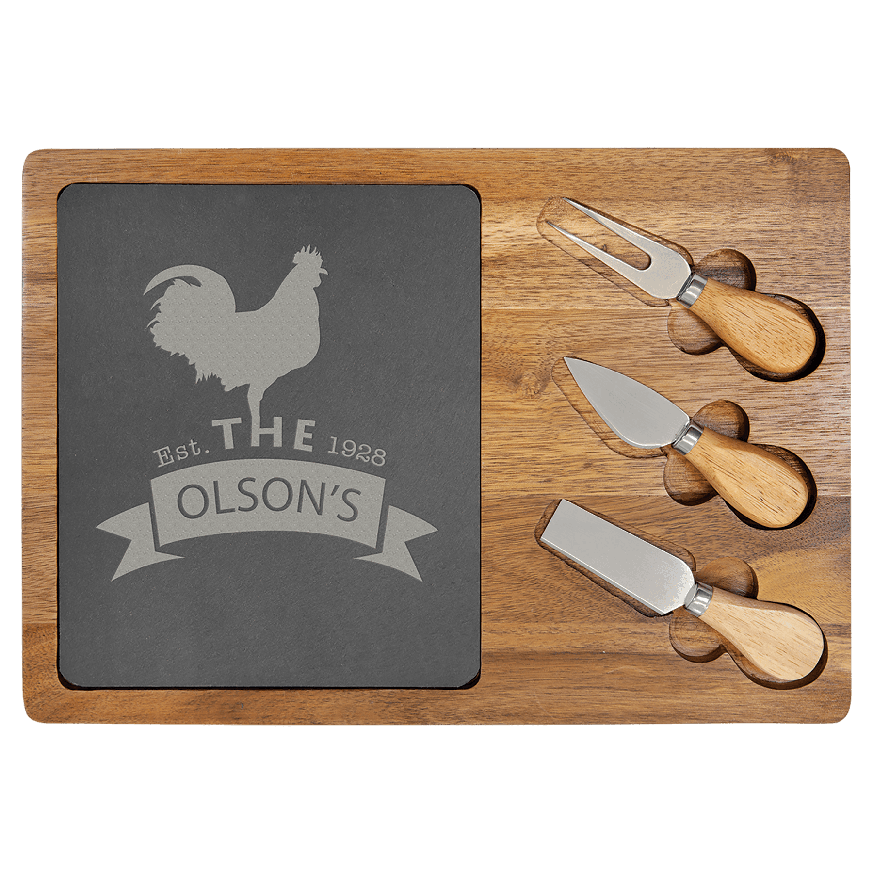 Engraved 13 3/4" x 9 3/4" Acacia Wood/Slate Rectangle Personalized Cheese Set with Three Tools - Barware Hub - Barware Swag and Etched Gifts