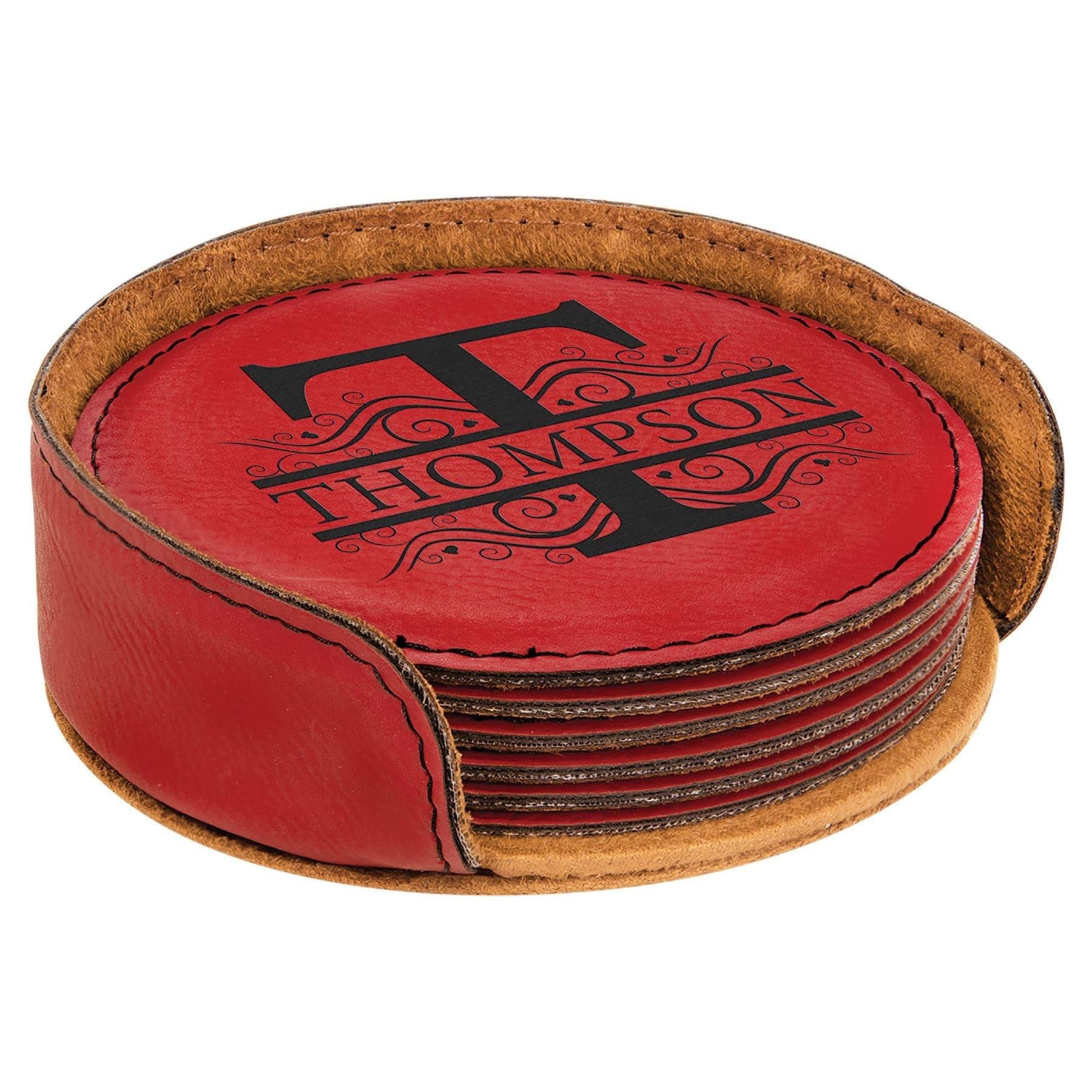 Engraved Leatherette Drink Coaster Set w/Holder, 4" Round - Barware Hub - Barware Swag and Etched Gifts