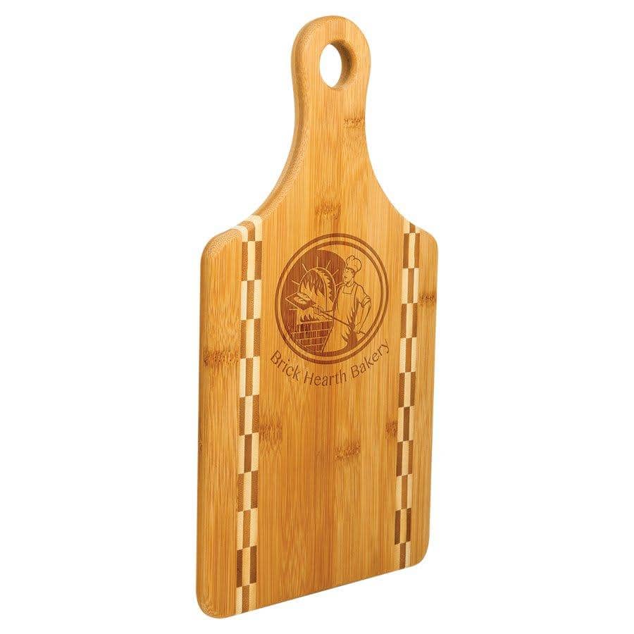 Engraved 13 1/2" x 7" Paddle Shaped Bamboo Personalized Cutting Board with Butcher Block Inlay - Barware Hub - Barware Swag and Etched Gifts