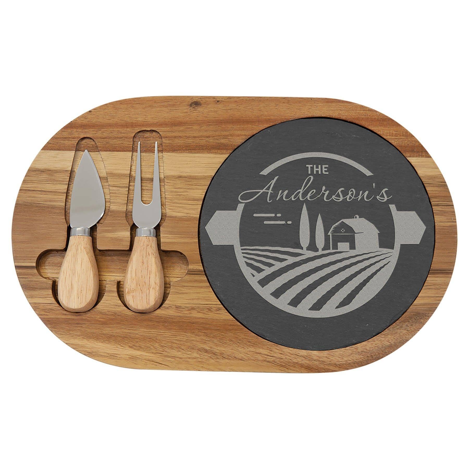 Engraved 12 1/2" x 7 3/4" Acacia Wood/Slate Personalized Oval Cheese Set with Two Tools - Barware Hub - Barware Swag and Etched Gifts
