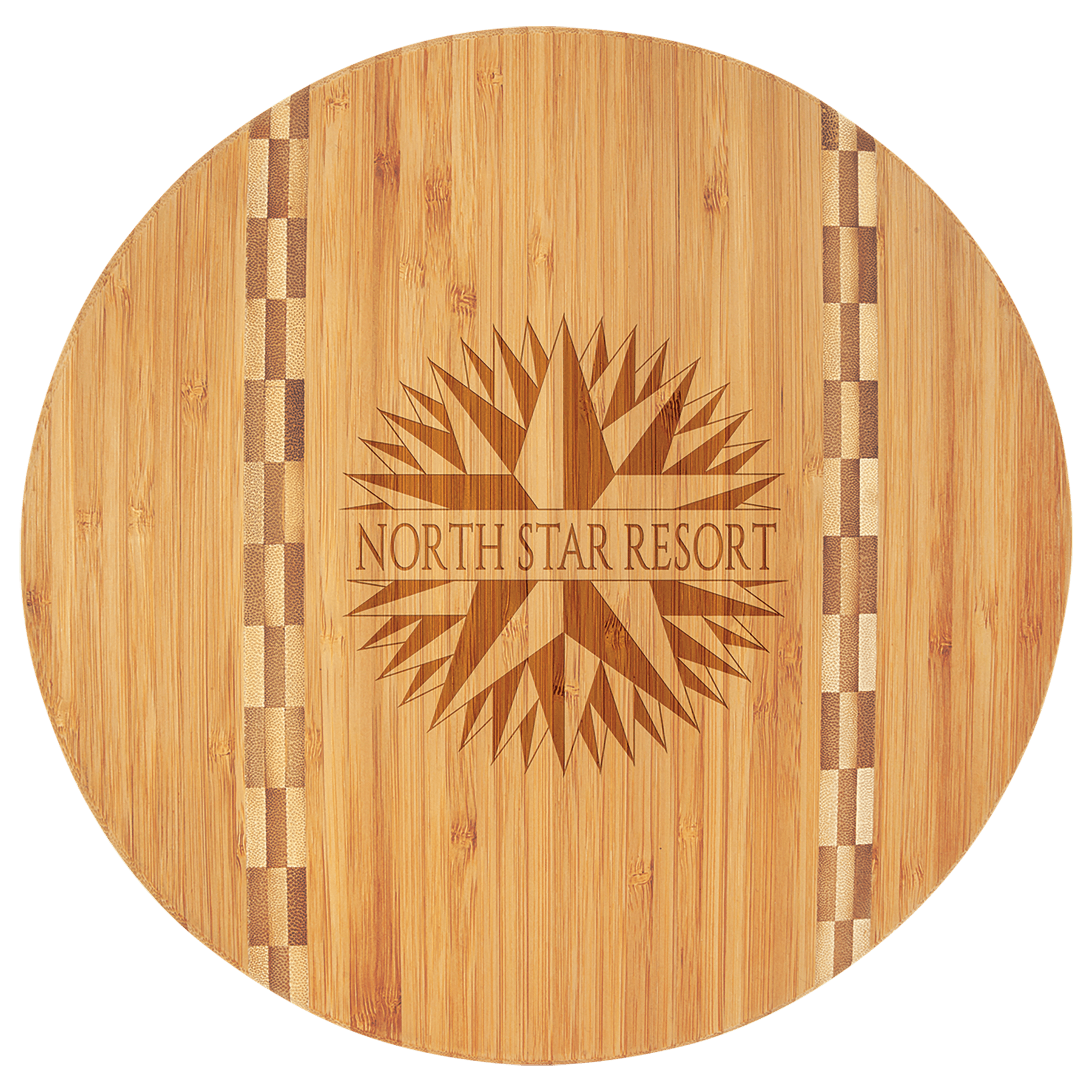 Engraved 11 3/4" Round Bamboo Personalized Cutting Board with Butcher Block Inlay - Barware Hub - Barware Swag and Etched Gifts