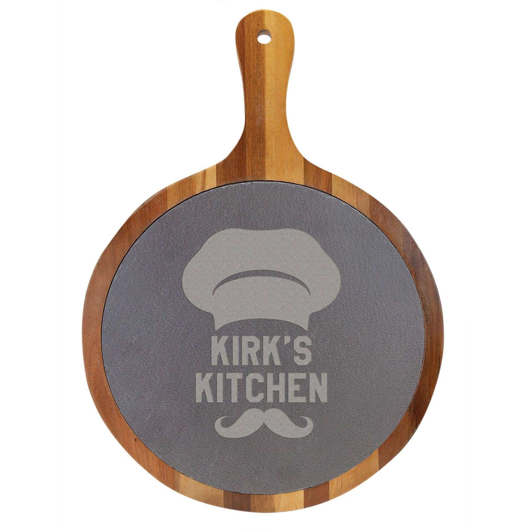 Engraved 10 1/2" x 14 1/2" Round Acacia Wood/Slate Personalized Serving Board with Handle - Barware Hub - Barware Swag and Etched Gifts