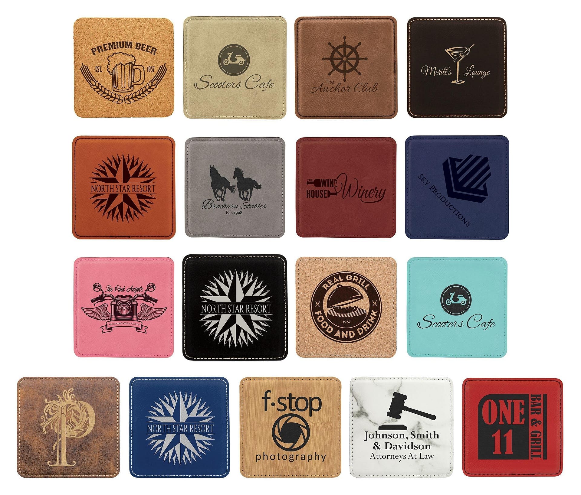 Engraved 4" x 4" Square Drink Coasters - Personalized Leatherette Coasters - Barware Hub - Barware Swag and Etched Gifts