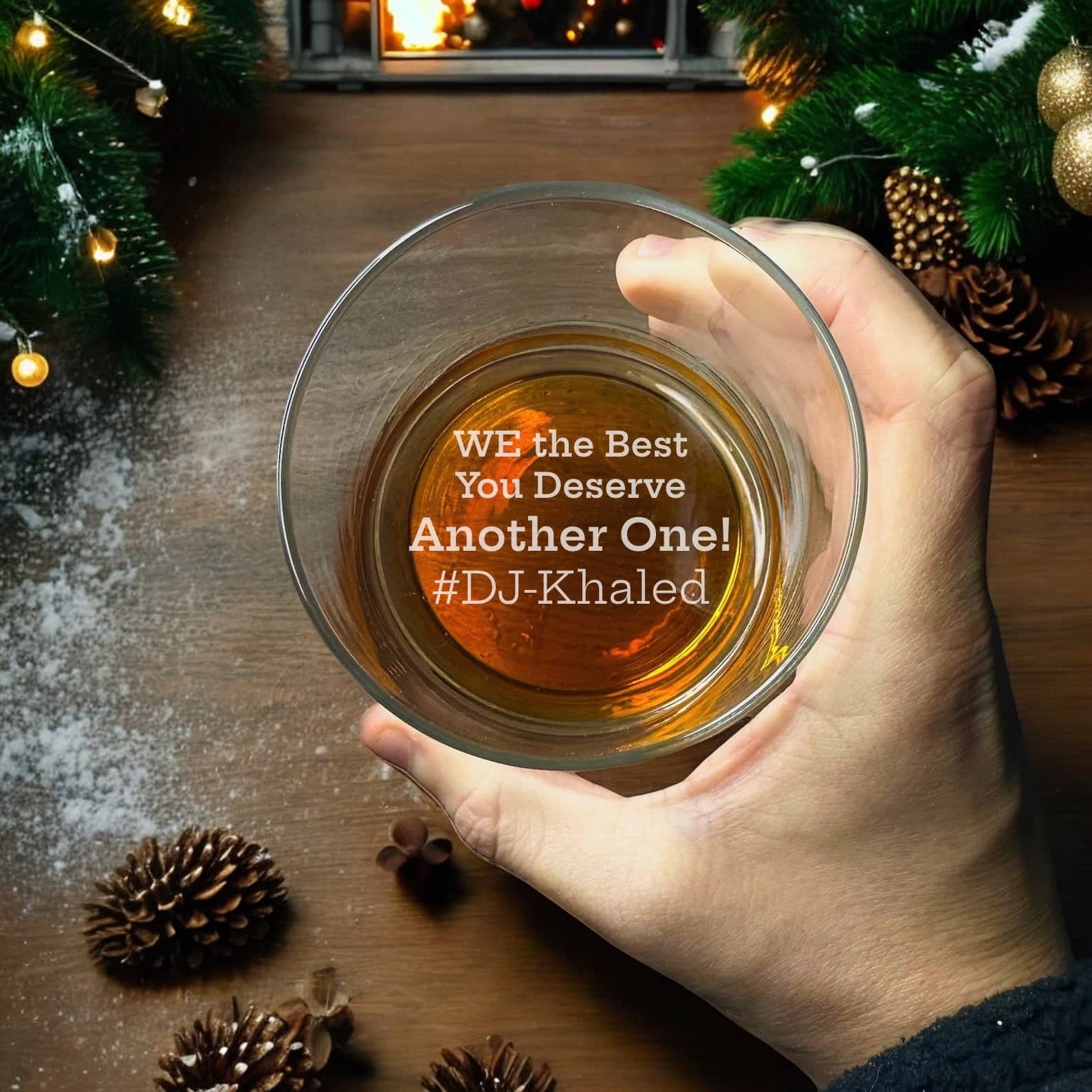 A hand holds a Customized Funny Quote Whiskey Glass from My Store, filled with amber liquid, against a Christmas-themed backdrop of pine cones, fir branches, and lights. The text on the glass reads, "WE the Best You Deserve Another One! #DJ-Khaled" — a Unique Christmas Gift ideal for personalized etching.