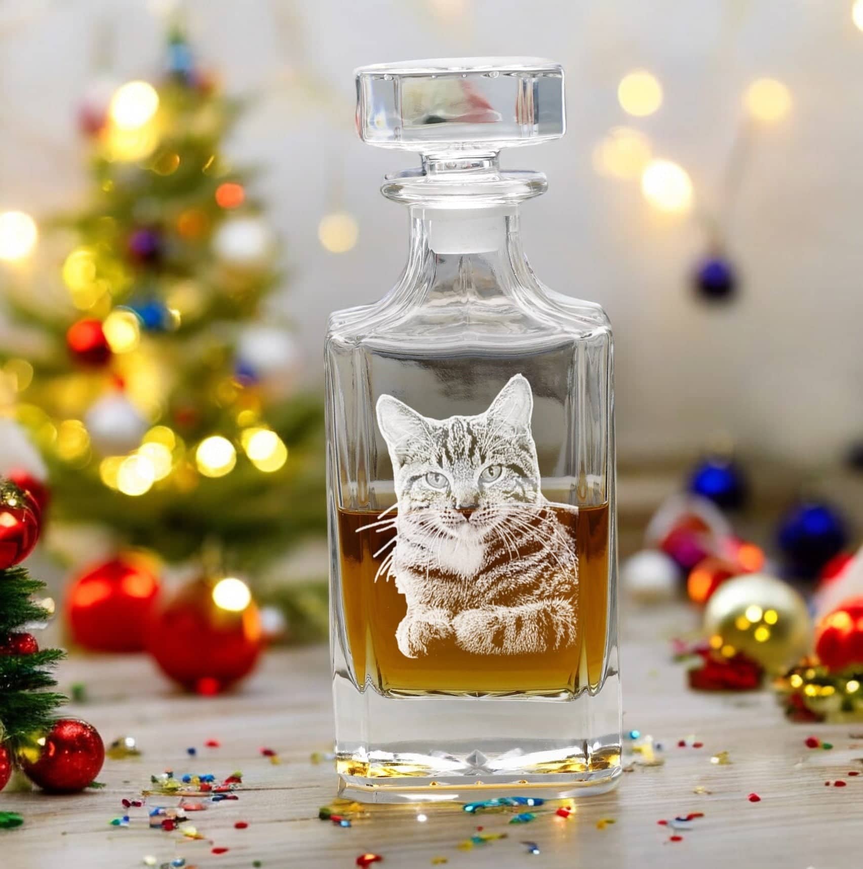 A festive scene highlights My Store's Personalized Photo Etched Decanter, a unique groomsman gift and Christmas present, filled with amber liquid and engraved with an image of a cat. The background features colorful baubles and a small Christmas tree, illuminated by soft string lights that create a warm holiday atmosphere.